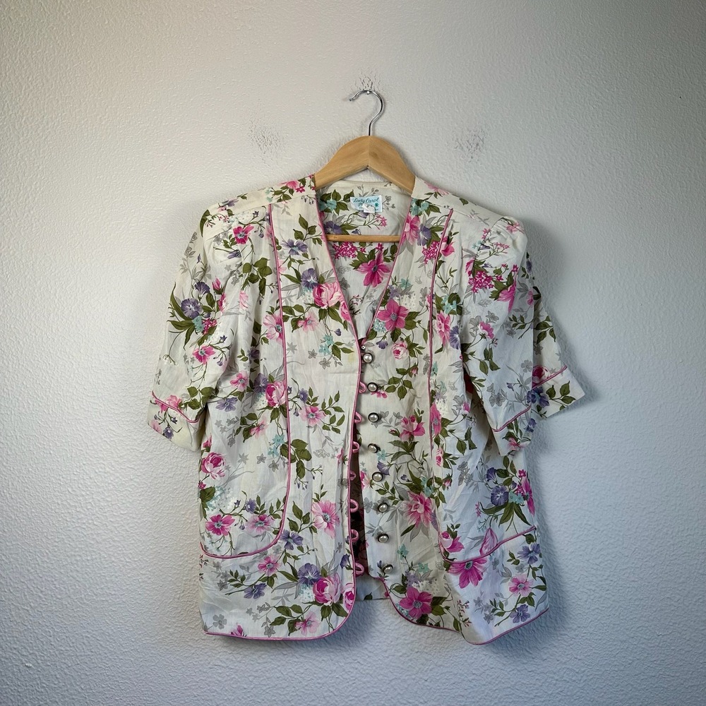 Lady Carol Petites Blouse Women 12 White Excellent Floral Button Up Short Sleeve